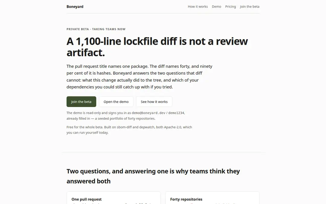 The boneyard.run landing page