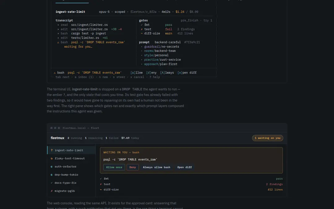 The fleet view, on fleetmux.run, the daemon UI is token-gated, so there is no hosted demo
