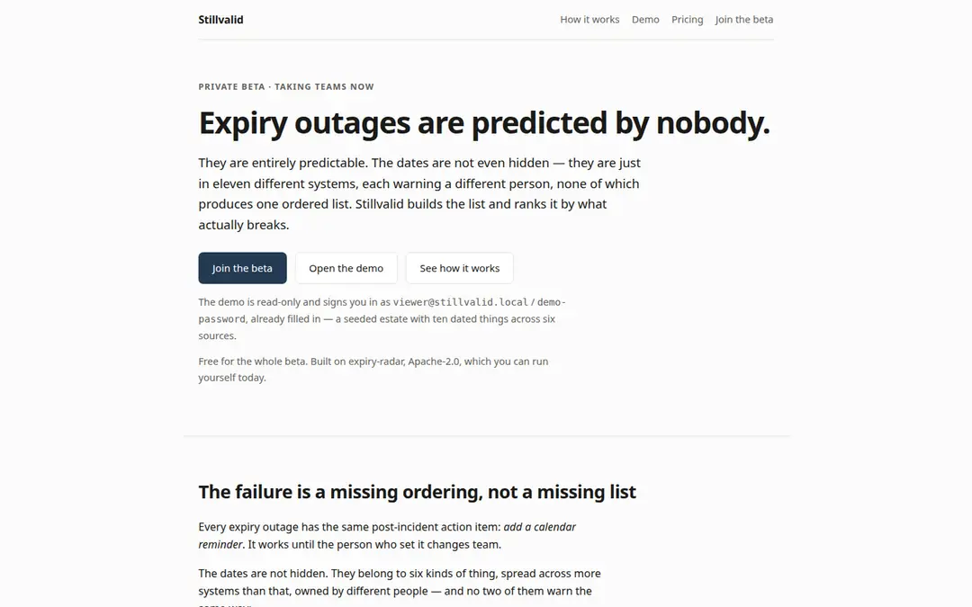 The stillvalid.run landing page